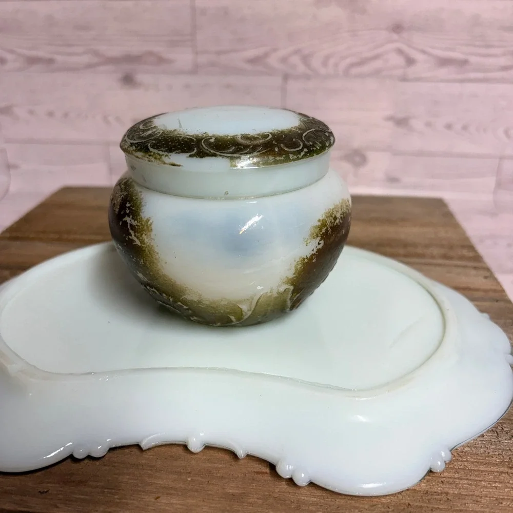 Antique Milk Glass Vanity Set Green Gold Painted Trinket Jar and Tray
